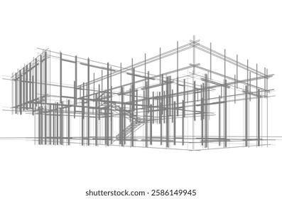 Modern Architectural Wireframe Sketch – Vector Blueprint of Contemporary Building