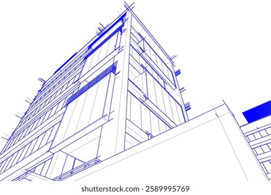 Modern Architectural Wireframe Sketch – Vector Blueprint of Contemporary Building