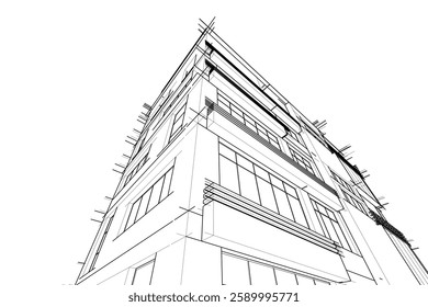 Modern Architectural Wireframe Sketch – Vector Blueprint of Contemporary Building