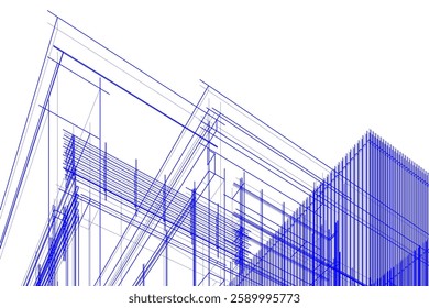 Modern Architectural Wireframe Sketch – Vector Blueprint of Contemporary Building