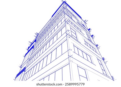Modern Architectural Wireframe Sketch – Vector Blueprint of Contemporary Building