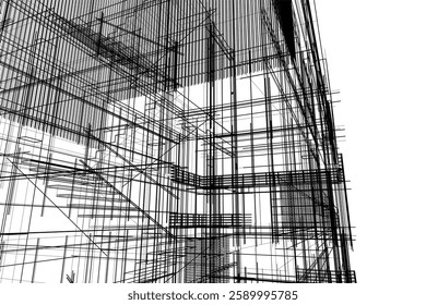 Modern Architectural Wireframe Sketch – Vector Blueprint of Contemporary Building