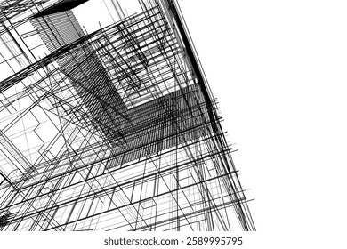 Modern Architectural Wireframe Sketch – Vector Blueprint of Contemporary Building