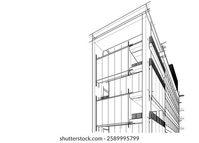 Modern Architectural Wireframe Sketch – Vector Blueprint of Contemporary Building