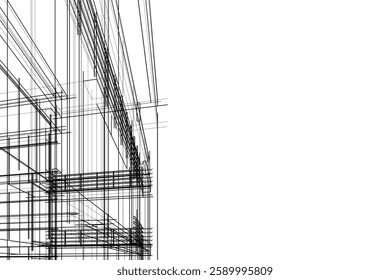 Modern Architectural Wireframe Sketch – Vector Blueprint of Contemporary Building