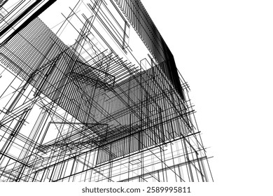 Modern Architectural Wireframe Sketch – Vector Blueprint of Contemporary Building