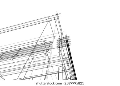 Modern Architectural Wireframe Sketch – Vector Blueprint of Contemporary Building