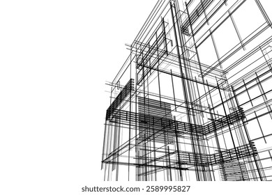 Modern Architectural Wireframe Sketch – Vector Blueprint of Contemporary Building