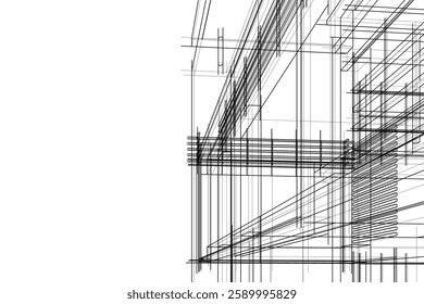 Modern Architectural Wireframe Sketch – Vector Blueprint of Contemporary Building