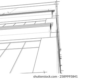 Modern Architectural Wireframe Sketch – Vector Blueprint of Contemporary Building