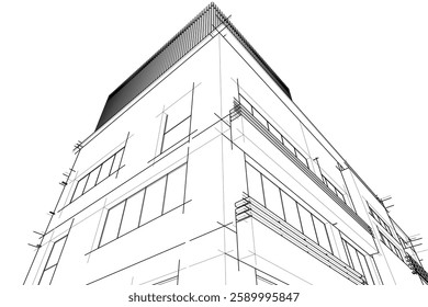 Modern Architectural Wireframe Sketch – Vector Blueprint of Contemporary Building