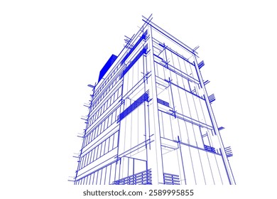 Modern Architectural Wireframe Sketch – Vector Blueprint of Contemporary Building