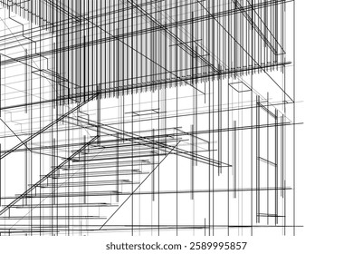 Modern Architectural Wireframe Sketch – Vector Blueprint of Contemporary Building