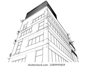 Modern Architectural Wireframe Sketch – Vector Blueprint of Contemporary Building