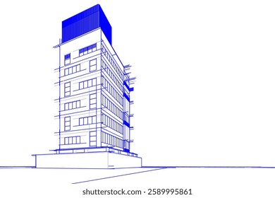Modern Architectural Wireframe Sketch – Vector Blueprint of Contemporary Building