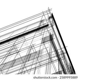 Modern Architectural Wireframe Sketch – Vector Blueprint of Contemporary Building