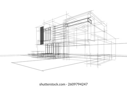 Modern Architectural Wireframe Sketch – Vector Blueprint of Contemporary Building
