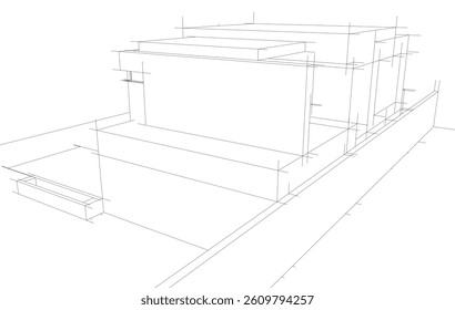 Modern Architectural Wireframe Sketch – Vector Blueprint of Contemporary Building
