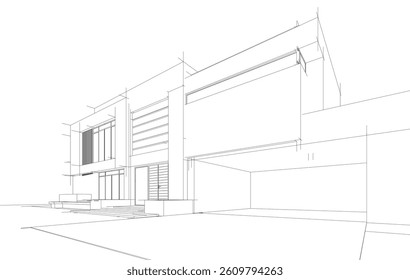 Modern Architectural Wireframe Sketch – Vector Blueprint of Contemporary Building
