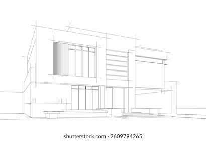 Modern Architectural Wireframe Sketch – Vector Blueprint of Contemporary Building
