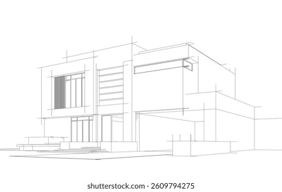 Modern Architectural Wireframe Sketch – Vector Blueprint of Contemporary Building
