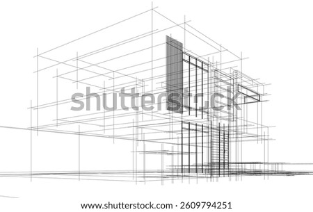 Modern Architectural Wireframe Sketch – Vector Blueprint of Contemporary Building
