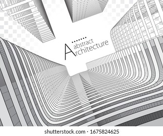 Modern Architecture 3D illustration. Architecture building construction perspective line drawing design, underside view urban building abstract background.