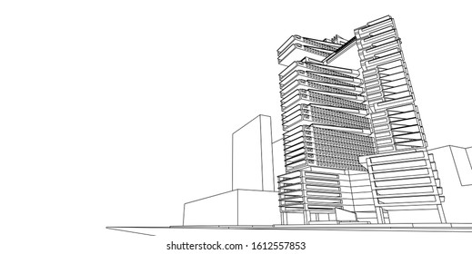 Modern architecture, 3D wireframe architecture, Sketch architectural design.