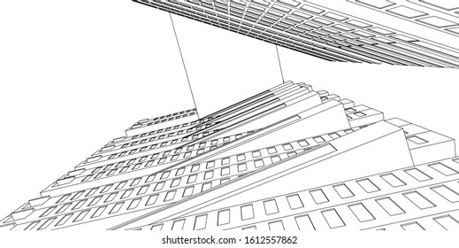 Modern architecture, 3D wireframe architecture, Sketch architectural design.