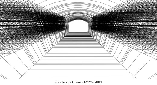 Modern architecture, 3D wireframe architecture, Sketch architectural design.