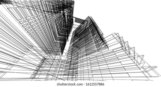 Modern architecture, 3D wireframe architecture, Sketch architectural design.