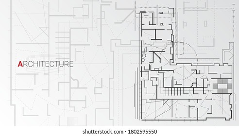 Modern Architecture. Building Floor Scheme Architectural Drawing On Gray Background. Panorama, Illustration