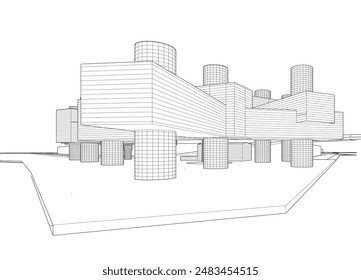 Modern architecture building vector 3d drawing