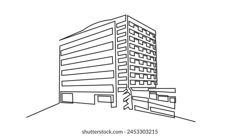 Modernes Architekturgebäude. durchgängige Linienzeichnung des Geschäftshauses. Einzeiliges modernes Wohnhaus isoliert auf weißem Hintergrund.