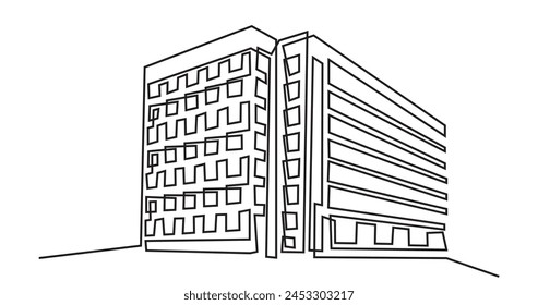 Edificio de arquitectura moderna.dibujo de línea continua de casa de edificio comercial. Edificio residencial moderno aislado sobre un fondo blanco.