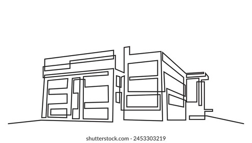 Edificio de arquitectura moderna.dibujo de línea continua de casa de edificio comercial. Edificio residencial moderno aislado sobre un fondo blanco.