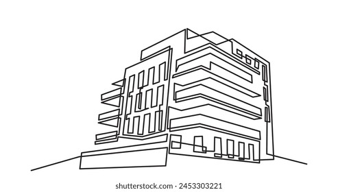 Edificio de arquitectura moderna.dibujo de línea continua de casa de edificio comercial. Edificio residencial moderno aislado sobre un fondo blanco.