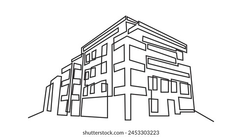 Edificio de arquitectura moderna.dibujo de línea continua de casa de edificio comercial. Edificio residencial moderno aislado sobre un fondo blanco.