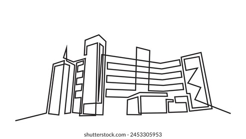 Edificio de arquitectura moderna.dibujo de línea continua de casa de edificio comercial. Edificio residencial moderno aislado sobre un fondo blanco.