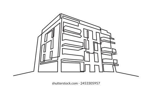 Edificio de arquitectura moderna.dibujo de línea continua de casa de edificio comercial. Edificio residencial moderno aislado sobre un fondo blanco.