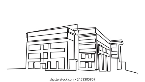 Edificio de arquitectura moderna.dibujo de línea continua de casa de edificio comercial. Edificio residencial moderno aislado sobre un fondo blanco.