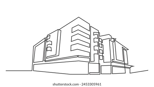 Edificio de arquitectura moderna.dibujo de línea continua de casa de edificio comercial. Edificio residencial moderno aislado sobre un fondo blanco.