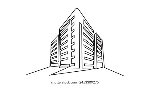 Edificio de arquitectura moderna.dibujo de línea continua de casa de edificio comercial. Edificio residencial moderno aislado sobre un fondo blanco.