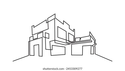 Edificio de arquitectura moderna.dibujo de línea continua de casa de edificio comercial. Edificio residencial moderno aislado sobre un fondo blanco.