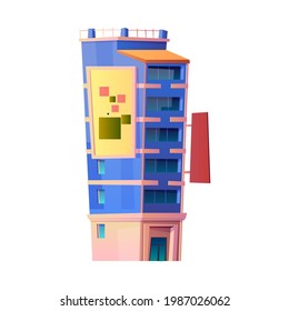 Modern architecture and buildings of contemporary city or town. Isolated building with apartments and balconies, accommodation or condominiums. Residence district. Cartoon vector in flat style