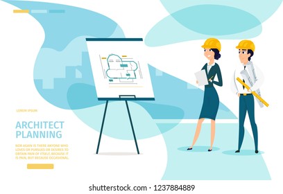 Modern Architecture Bureau, Construction Company Cartoon Vector Web Banner, Website Design Template with Young Architects, Engineers Wearing Safety Helmets, Watching on Drawings, Planning New Project
