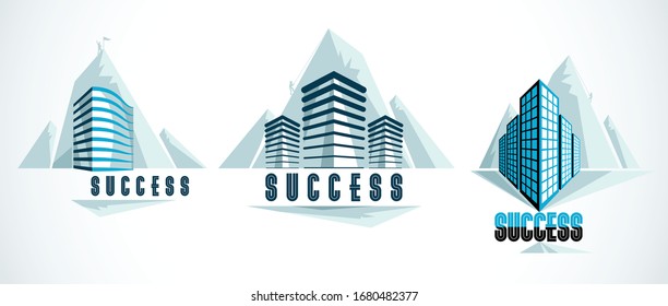 Modern architecture business office building in front of Rock Climber as a concept of career path. Reaching goal of success conceptual illustration. Real estate realty center. Vector designs set.