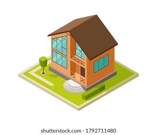 Modern architecture. City house, family modern cottage. Isometric building project, isolated 3d home vector illustration