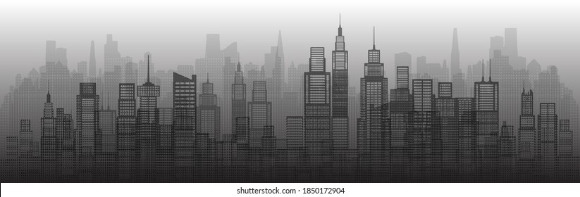 Modern architecture city skyscraper abstract of building architectural art. Future architectural landmarks in cityscape on white background. Panorama view capital. Vector illustration halftone.