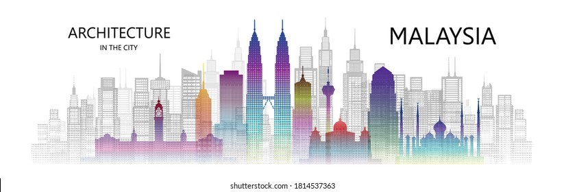 Modern architecture cityscape skyscraper Malaysia of asia colorful art. Travel Malaysia architecture landmarks in Kuala Lumpur famous city of Asia on white background. Travel panorama popular capital.